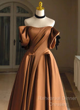 A-Line Brown Satin Off Shoulder Scoop Long Semi Formal Prom Dress, Satin Evening Dress